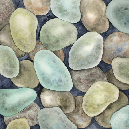 Pebbles in watercolor. Illustration underwater rocks in green tones, undersea ornament for wallpaper, printing, backgrounds. Colorful gravel artworkの写真素材