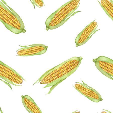 Yellow corn seamless pattern, green husk textile, golden cobs background. Watercolor sweetcorn botanical print design for clothes, wallpaper, wrapping paper, scrapbooking, food packaging, Thanksgivingの写真素材
