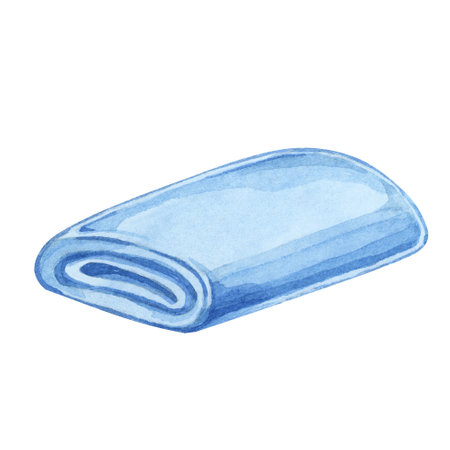 Blue washing cloth or towel from cotton or microfiber material. Household cleaning utensil watercolor illustration. Clipart for housekeeping, laundry services, sticker, flyer, and postersの写真素材