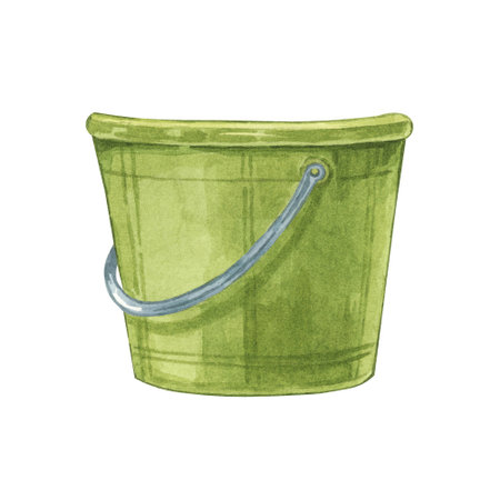 Green mop bucket designed with sturdy metal handle. Household cleaning utensil watercolor illustration. Clipart for housekeeping, janitorial services, sticker, flyer, spring cleaning and postersの写真素材