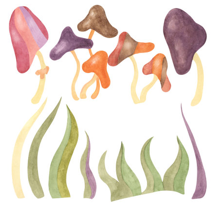 Retro hippie mushrooms and grass in 70s style. Hippie psychedelic groovy fungus clipart. Watercolor indie illustration for flower power stickers, nostalgic designs, printing, quotes, cartoon styleの写真素材