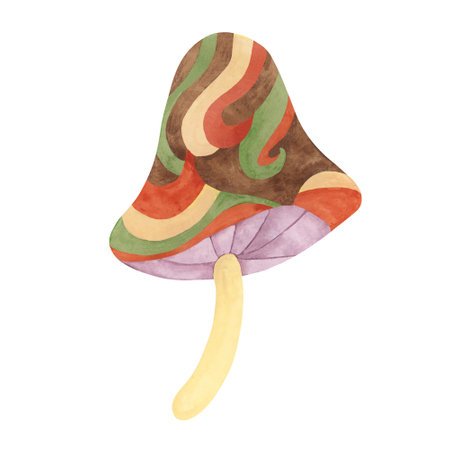 Hippie psychedelic magic mushroom in 70s style. Vintage groovy toadstool nostalgic clipart. Watercolor fairytale fungus funky illustration for printing, trippy stickers, flyers, indie t-shirts, labelsの写真素材