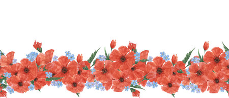 Red poppies and forget-me-nots seamless border. Poppy day flower banner. Hand drawn watercolor illustration for card, banners, commemorative events, US memorial day, Anzac day, flyers, banners, saleの写真素材