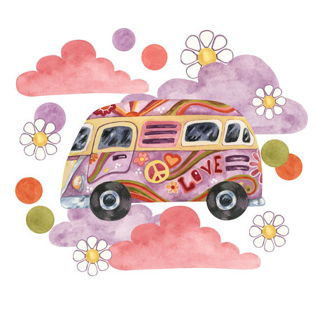 pink purple clouds, groovy hippie camper van and daisies. Print tee with flowers. Retro Trippy bus car for road trip in 70s, 60s style. Nostalgic clipart. Hand drawn vintage graphic t shirtの写真素材