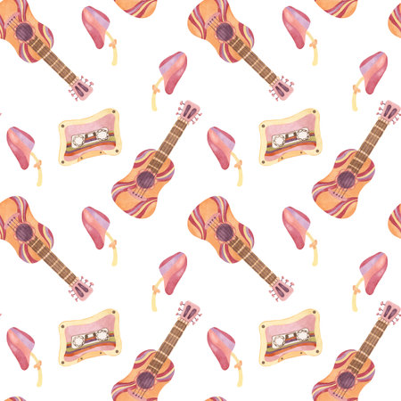 Seamless pattern with retro guitar, tape and mushrooms in watercolor. Vintage hippie music textile ornament clipart. Hand drawn nostalgic print for clothing, wallpaper, wrapping, scrapbookingの写真素材