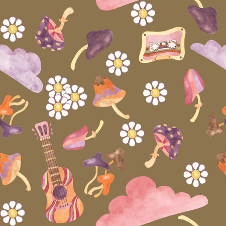 Seamless pattern with retro guitar, tape, clouds and mushrooms in watercolor. Vintage hippie music textile ornament clipart. Hand drawn nostalgic print for clothing, wallpaper, wrapping, scrapbookingの写真素材