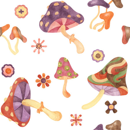 Retro groovy seamless pattern with mushrooms and flowers in watercolor. Vintage hippie fungi textile ornament clipart. Hand drawn nostalgic print for clothing, wallpaper, wrapping, scrapbookingの写真素材