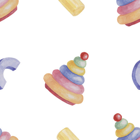 Baby seamless pattern with blocks and Ring tower puzzle in watercolor. Simple toy ornament. Hand drawn textile print for kids clothes, childrens nursery wallpaper, wrapping paper, scrapbookingの写真素材
