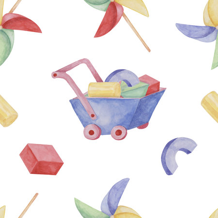 Toy wheelbarrow, pinwheel paper fan and blocks. Retro cart and origami. Simple Baby seamless pattern. Textile print for kids clothes, childrens nursery wallpaper, wrapping paper, scrapbookingの写真素材