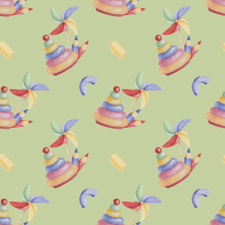 Stacking rings tower, pinwheel and crayons. Colored pencils and toys watercolor. Baby seamless pattern. Textile print for kids clothes, childrens nursery wallpaper, wrapping paper, scrapbookingの写真素材