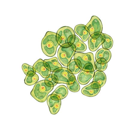 Chlorella watercolor featuring small green algae clusters with yellow centers, perfect for...