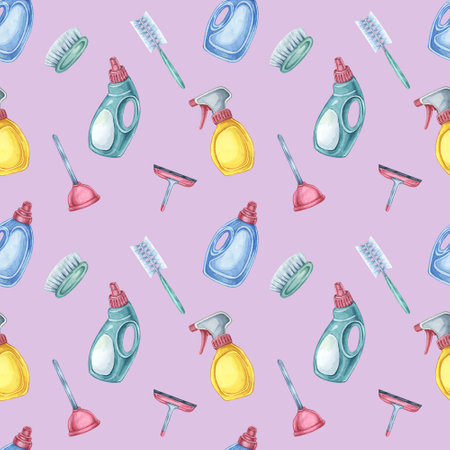Cleaning supplies seamless pattern featuring detergent bottles, brushes, and sponges. Watercolor clipart Perfect for wrapping paper, cleaning service branding, and DIY cleaning project backdropsの写真素材