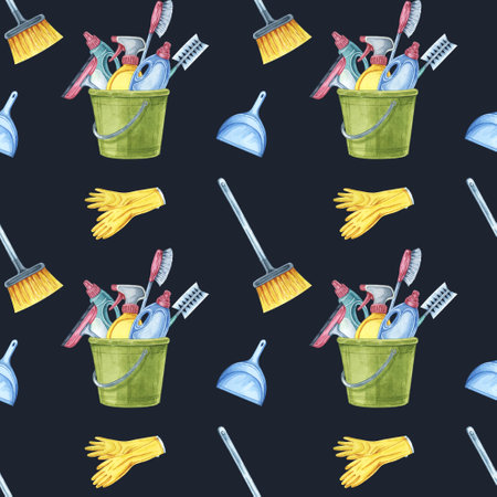 Cleaning tools seamless pattern with green buckets, brushes, and gloves on a dark background. watercolor clipart for creating custom cleaning uniforms, notebook covers, or household product packagingの写真素材