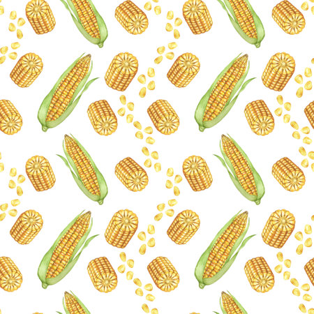 Yellow corn and seeds seamless pattern, autumnal textile, golden cobs background. Watercolor sweetcorn botanical print design for clothes, wallpaper, wrapping paper, scrapbooking, food packaging, Thanksgivingの写真素材