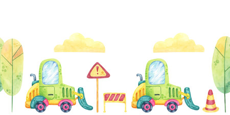 Excavator, warning signs, trees and clouds in watercolor. Construction site, roadworks seamless border clipart in cartoon style. Cute forklift car illustration for childrens rooms, clothing or fabricの写真素材