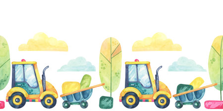 Tractor, wheelbarrow, trees and clouds in watercolor. Construction site seamless border clipart in cartoon style. Roadworks design for childrens room illustrations, cards or educational materialsの写真素材