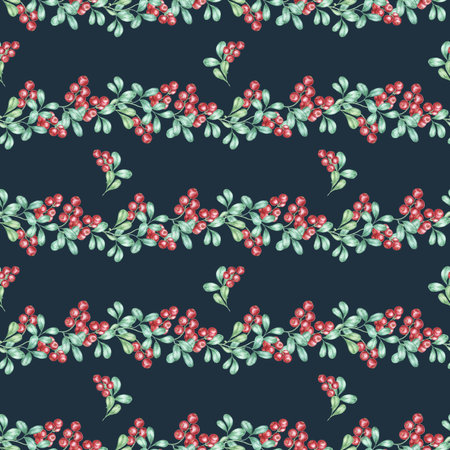 A dark blue background with bright red cranberries and green leaves in a seamless pattern. This...