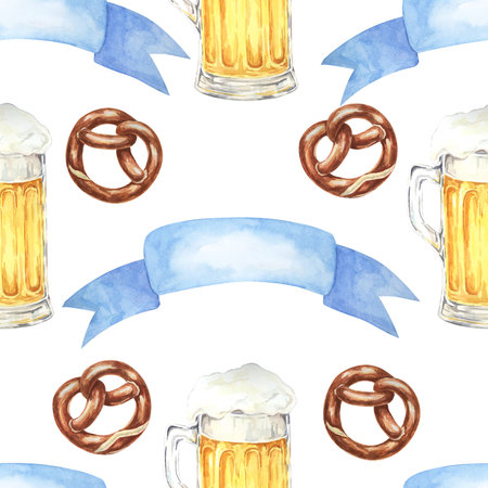 Beer mugs, pretzels, and blue ribbons clipart. Watercolor seamless pattern perfect for event invitations, party decorations, themed merchandise, and festive tablecloths for Oktoberfestの写真素材