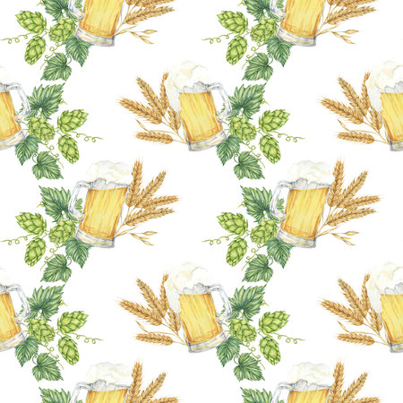 Beer mugs, barley spikes, and green hops backdrop clipart. Watercolor seamless pattern perfect for eco-friendly packaging, rustic-themed home decor, product branding, and nature-inspired designs.の写真素材