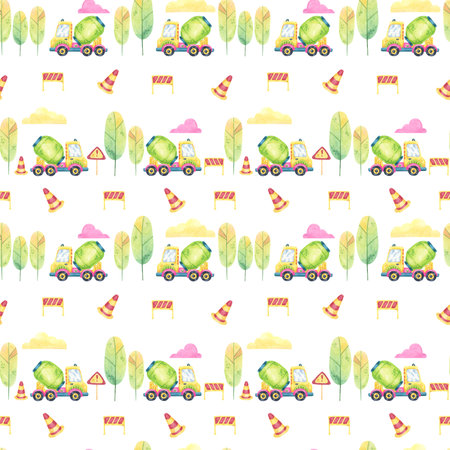Watercolor cement mixer trucks, road signs, cones and trees form a seamless pattern with a construction theme. Perfect for fabric designs, nursery wallpapers, and gift wrapping for kidsの写真素材