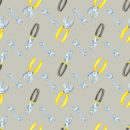 A beige background with silver wrenches, bolts, and yellow-handled pliers in a seamless watercolor pattern. Perfect for tool-themed stationery, fabric designs, and digital projectsの写真素材