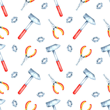 Watercolor clipart of red-handled tools, wrenches, bolts, and pliers in a seamless pattern. Great for gift wrap, fabric prints, and merchandise with a construction or DIY themeの写真素材