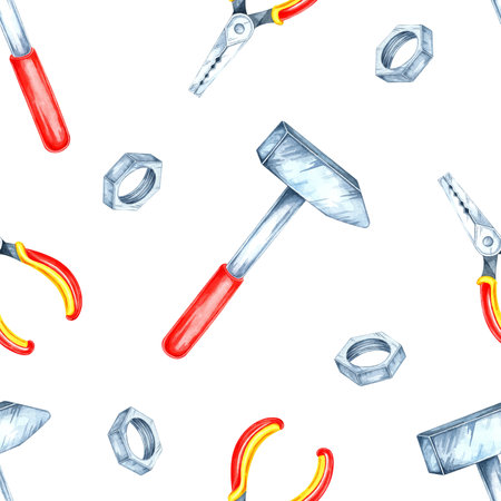 Red-handled hammers, yellow pliers, and silver bolts in a seamless watercolor illustration. Ideal for product packaging, craft supplies, and backgrounds for construction-related designsの写真素材