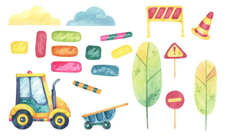 Construction-themed watercolor clipart set with a yellow tractor, red signs, striped barriers, cones, and leafy trees. Great for craft projects, classroom, stickers, wall art, and nursery decorの写真素材