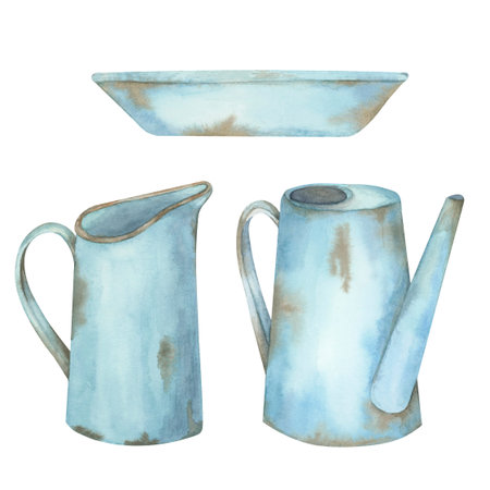 Farmhouse watering cans and low bucket. Hand drawn clipart of blue vintage rusty pitchers. Rustic cans watercolor illustration for garden-themed decor, eco-friendly or Easter time product designsの写真素材