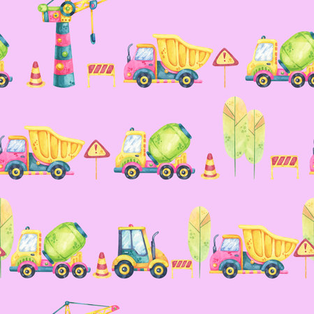 Yellow dump trucks, green cement mixers, and traffic cones on a pastel pink background. This watercolor seamless pattern clipart is great for kids fabric, wallpaper, and digital projectsの写真素材