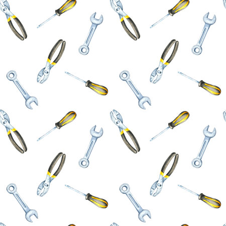 Wrenches, pliers, and screwdrivers in soft gray tones create a seamless watercolor illustration. Great for backgrounds, product packaging, and gift wrap with a mechanical or handyman themeの写真素材