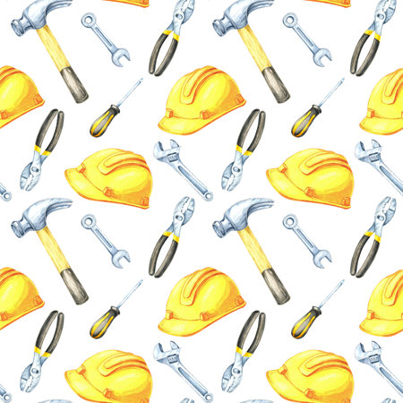 Yellow hard hats, silver wrenches, and bolts in a seamless watercolor clipart pattern. This illustration is ideal for construction-themed designs, gift wrap, and textile productsの写真素材