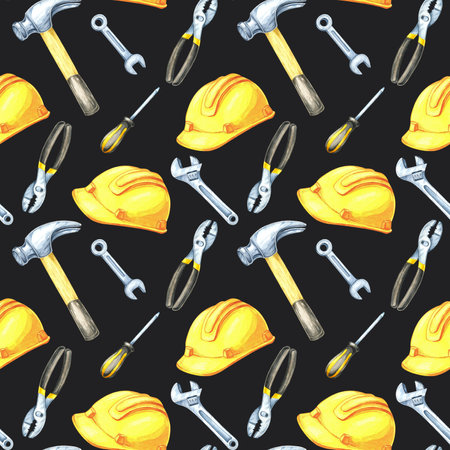 A seamless pattern of yellow hard hats, wrenches, and bolts on a dark background in watercolor style. Suitable for apparel, packaging, and decor items with a construction or workshop themeの写真素材