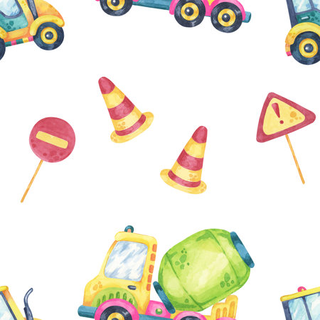Watercolor cement mixers, traffic cones, and warning signs in a seamless pattern. Ideal for gift wrap, branding, textile prints, and construction-themed paper goodsの写真素材