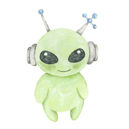 Light green alien with headphones and blue antennas in a watercolor. Space creature isolated clipart. Perfect for baby shower decor, nursery prints, science-themed books, or childrens apparel designの写真素材
