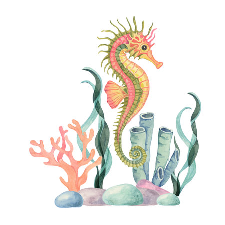 Orange-pink seahorse with coral, seaweed, and stones in green and blue tones in a nautical watercolor clipart ideal for nursery prints, kids apparel, or summer-themed packaging designの写真素材