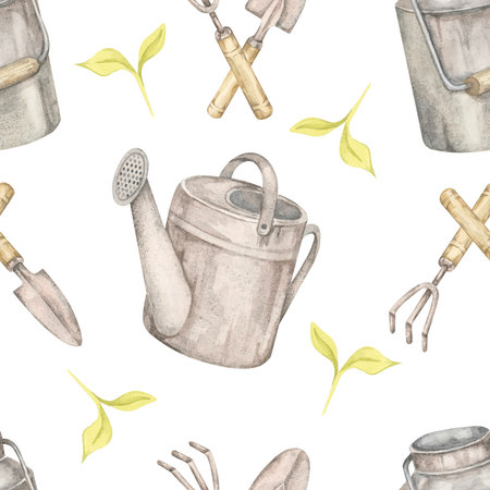 Pale green leaves, garden tools, and watering cans in watercolor clipart. Gardening elements seamless pattern illustration, great for digital planners, seed packet design, or greenhouse decor prints.の写真素材