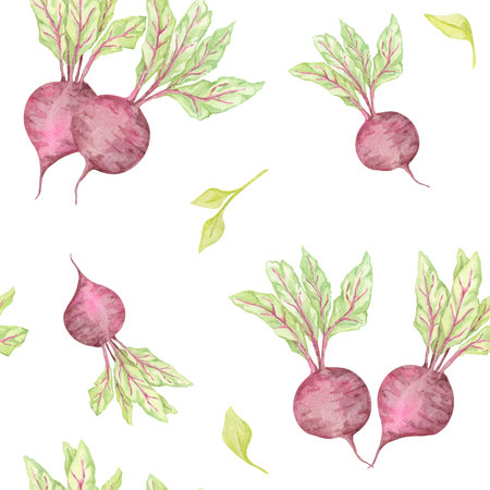 Vibrant watercolor clipart of red beets with foliage in a spaced seamless pattern. Garden vegetables illustration. Perfect for recipe books, fabric design, eco-friendly branding, rustic-themed printsの写真素材