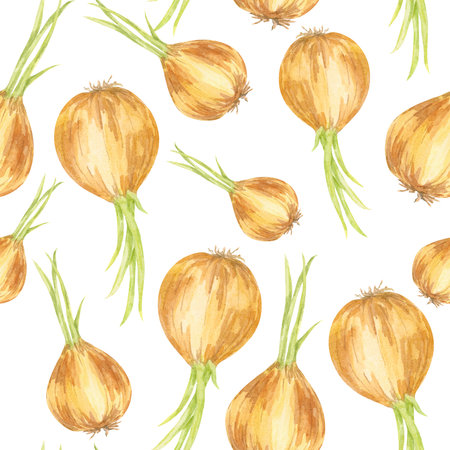 Watercolor onions in varying sizes and tones arranged in a seamless pattern. Use this vegetable clipart in surface design, wrapping paper, recipe cards, or food-themed home decorの写真素材