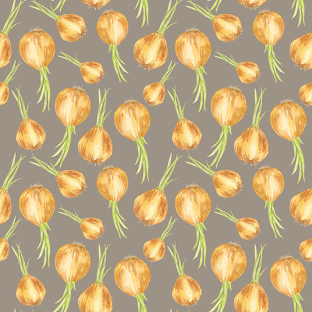 Golden brown onions with fresh green stalks on a muted grey background in a seamless watercolor pattern. Vegetable clipart for kitchen towels, stickers, packaging, and botanical-themed productsの写真素材