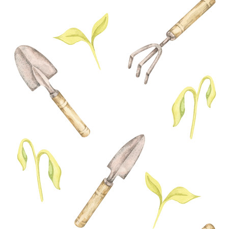 Gardening Hand tools and green seedlings. Vintage Trowel, fork, sprouts watercolor clipart seamless pattern, ideal for eco-friendly packaging, garden-themed textiles, or botanical wrapping paperの写真素材