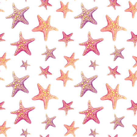 Assorted pink, orange, and purple watercolor starfish arranged in varied sizes in a seamless clipart pattern. Use for nursery items, scrapbook kits, or ocean-themed gift wrapping.の写真素材