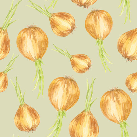 Golden onions with curly green leaves on a muted sage background in a seamless watercolor illustration. Great for kitchen towels, stickers, packaging, and botanical-themed productsの写真素材