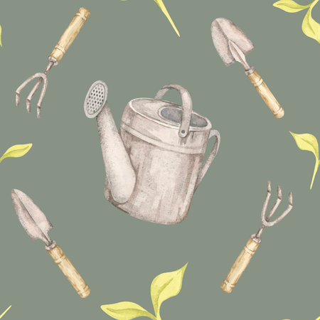 Watering can, fork, and sprouting plant in watercolor on a green background. Gardening tools and seedlings seamless pattern perfect for organic product packaging or custom gardening labelsの写真素材