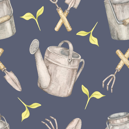 Watering cans, tools and leaf sprouts in watercolor clipart on a dark blue background. Gardening seamless pattern illustration for botanical fabric prints, digital wallpapers, or custom garden bagsの写真素材