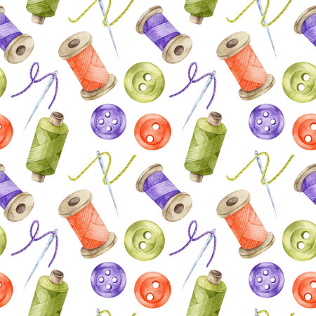Green, orange, and purple buttons with spools and needles. Watercolor illustration in seamless...