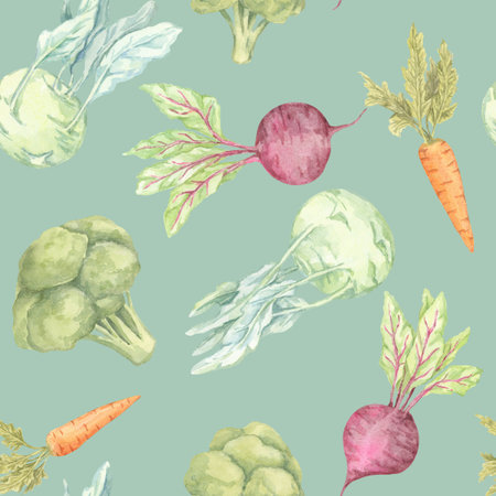 Kohlrabi, carrot, broccoli, and beetroot painted in bright watercolor hues on light green...