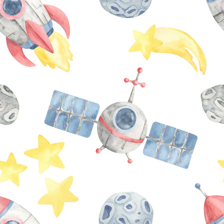 Watercolor clipart seamless pattern with satellites, rockets, shooting stars, and moons, perfect for nursery prints, kids pajamas, school supplies, and decorative space-themed products.の写真素材