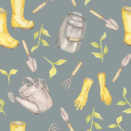 Watering cans, yellow gloves, boots, and young plants on muted blue in a seamless pattern watercolor illustration. Clipart for craft paper, DIY projects, or gardening-themed packagingの写真素材