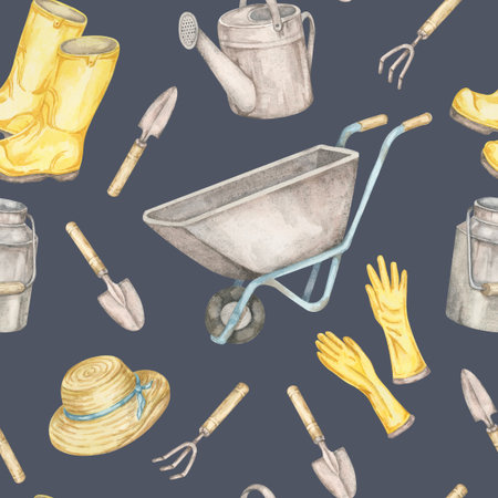 Wheelbarrow, gloves, boots, watering can, and tools on dark navy in seamless pattern watercolor illustration. Clipart ideal for gardening-themed packaging, fabric, or wrapping paperの写真素材